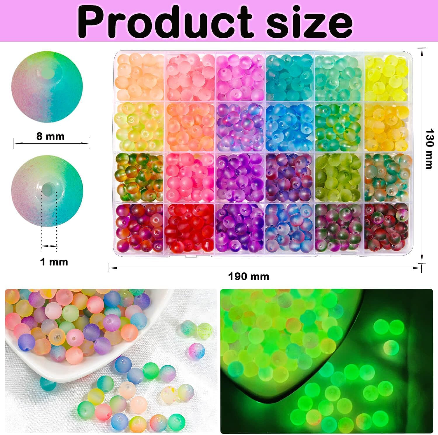 Glow in the Dark Glass Beads for Jewelry Making, 600Pcs 8MM 24 Grids Crystal Gem