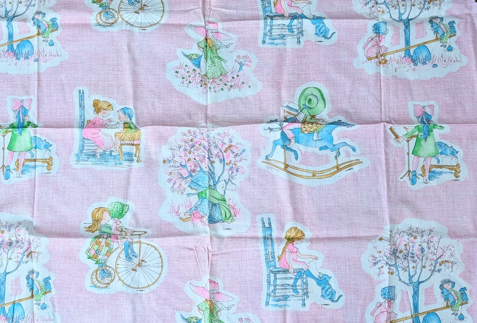 Vintage Holly Hobbie And Friends Fabric Less Than 1 yard Pink Play Trees Kitten