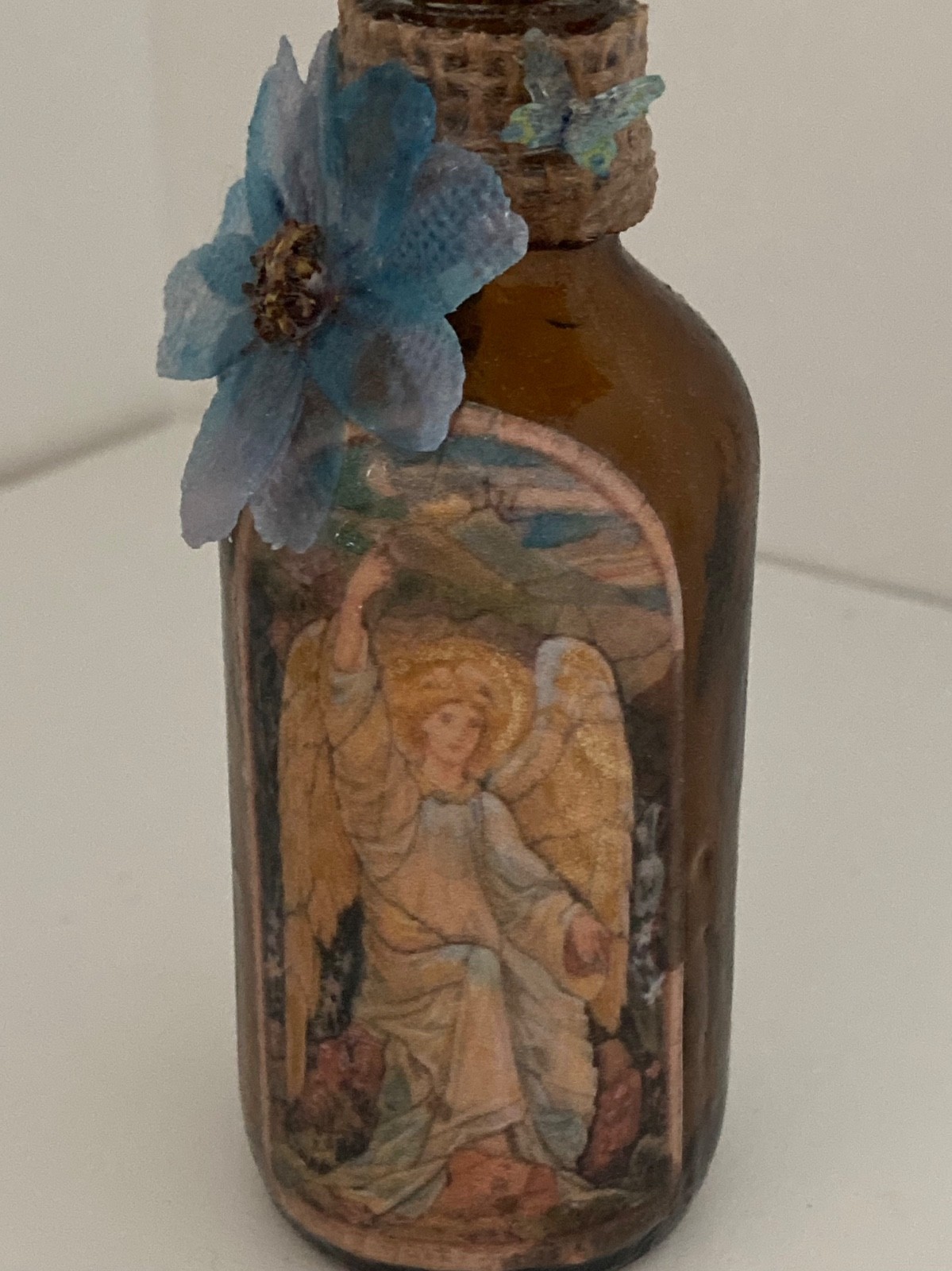 Decoupage, Hand Decorated Angel on Very Small, Amber, Apothecary Glass Bottle