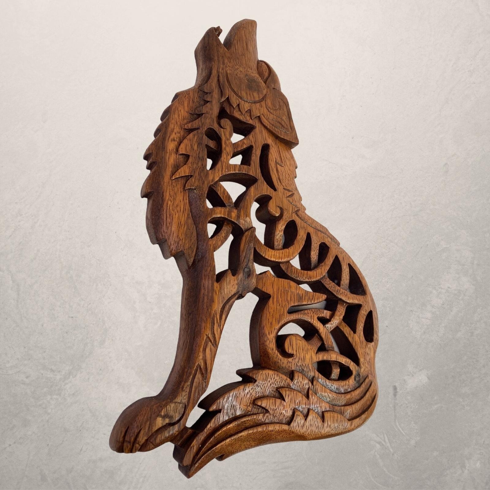 Celtic Howling Wolf Wall Art Panel Sculpture Handmade hand Carved Suar wood Ca