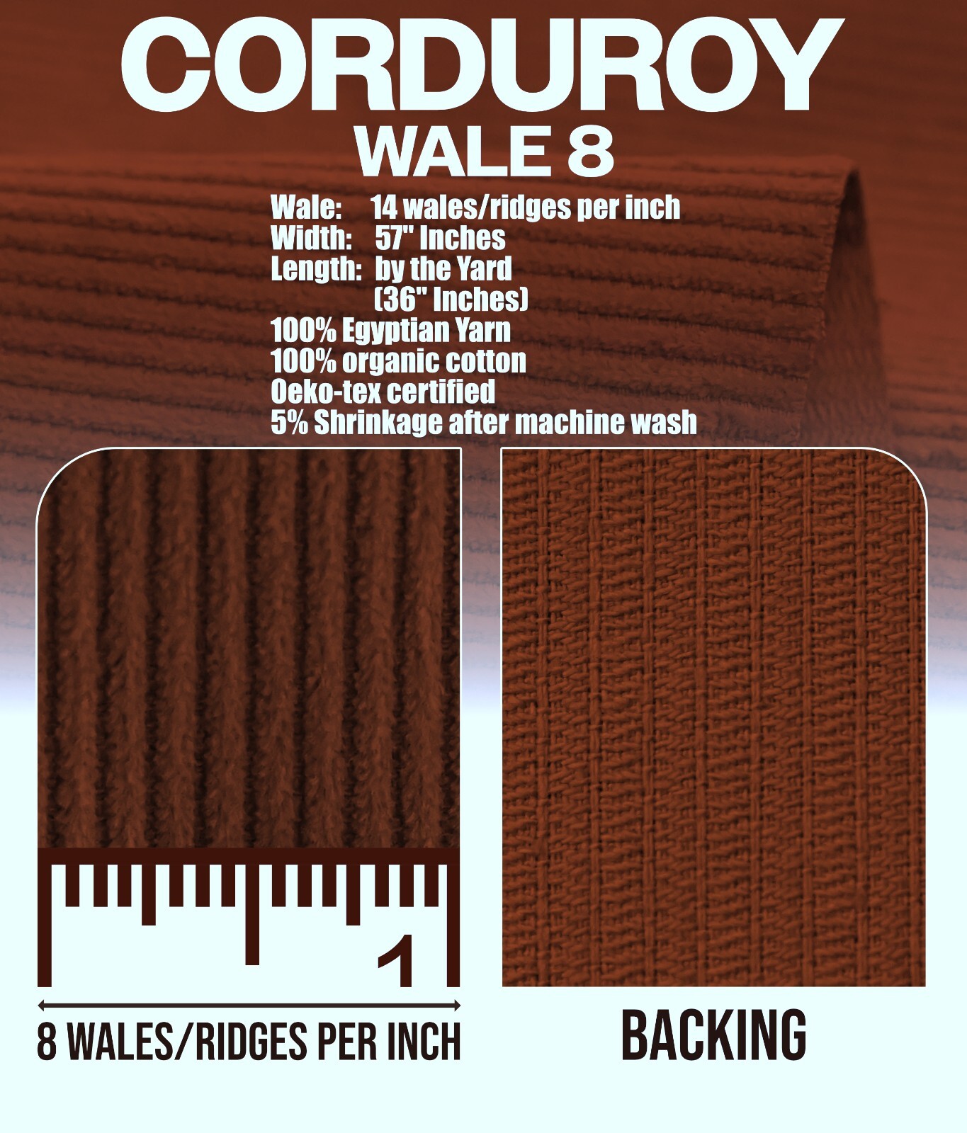 8Corduroy Fabric 8 Wale Apparel 290-300GSM Solid Color by Continuous Yard 58″ W