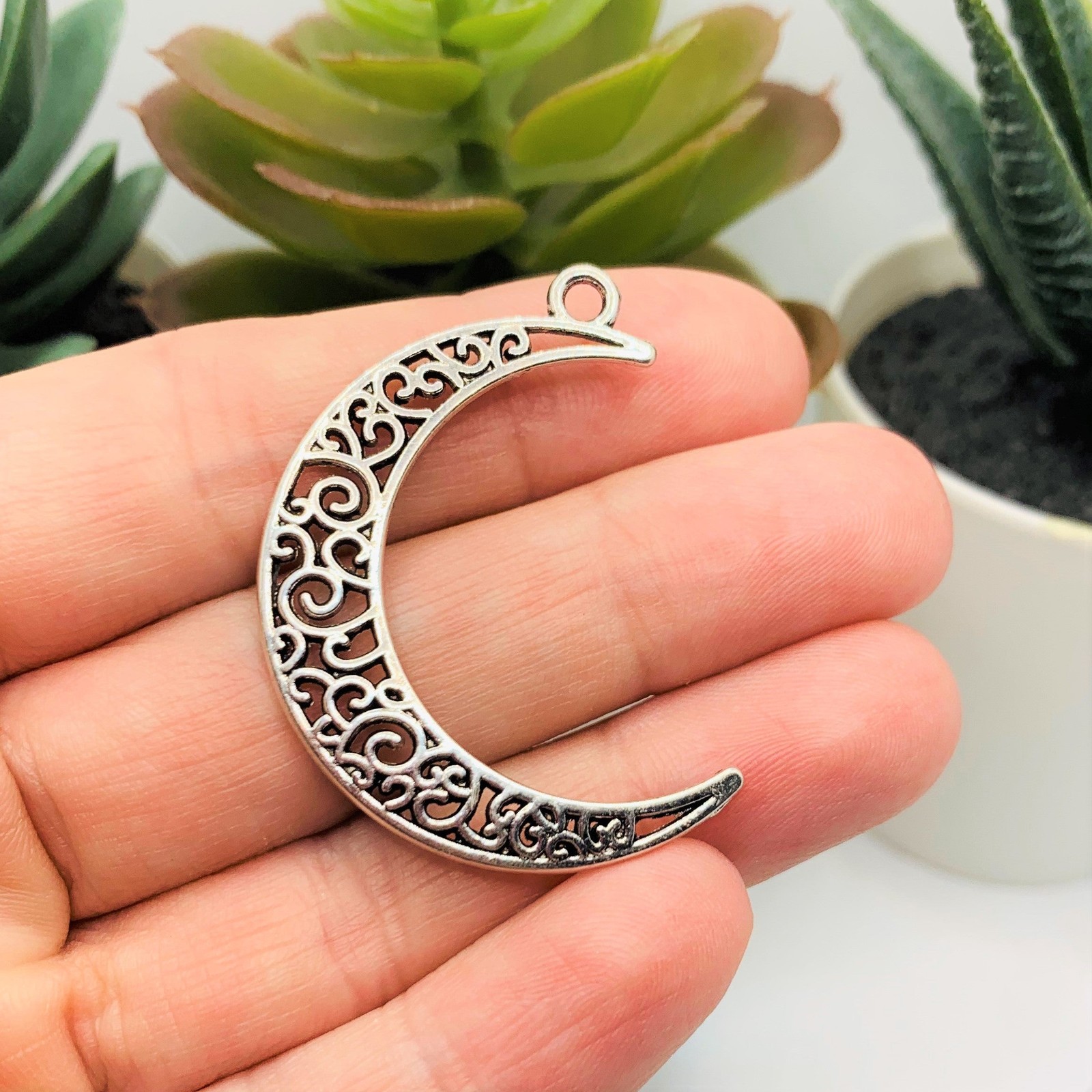 Antique Silver Crescent Scroll Moon Charms, 40x29mm – US Seller