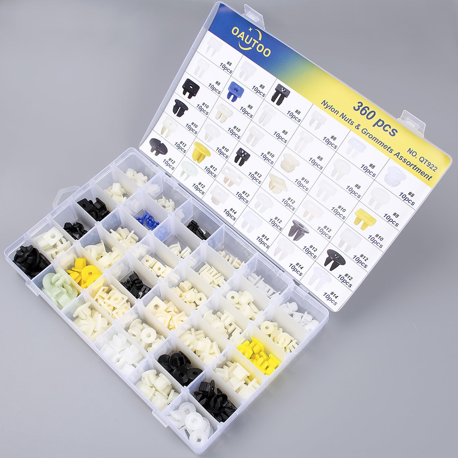 OAUTOO 360pcs Nylon Grommet Nut Assortment for Automotive 1/4-20, Multi-Color