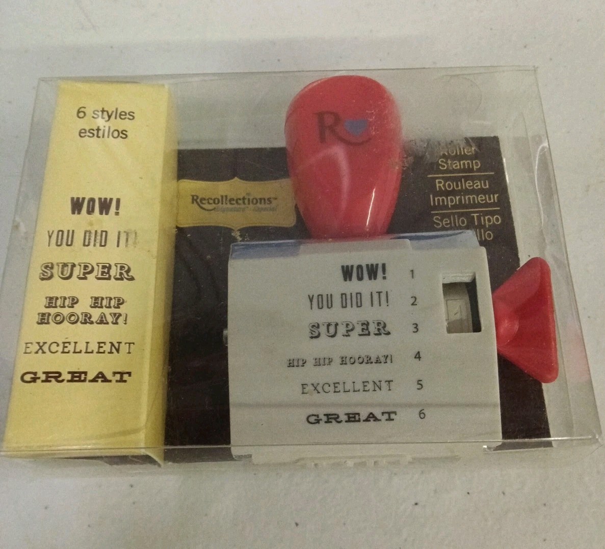 Recollections Roller Stamp 6 Phrases WOW Super Great Excellent Hip Hooray Great