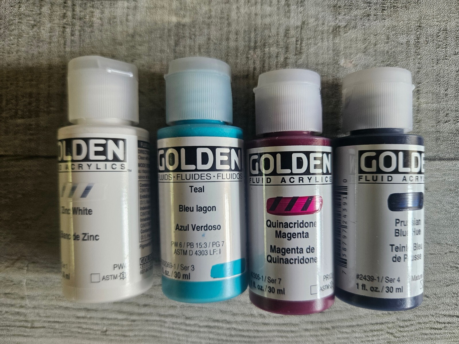 Golden Fluid Acrylics Paint 1 oz Teal Zinc White Prussian Blue Hue Quina Magenta