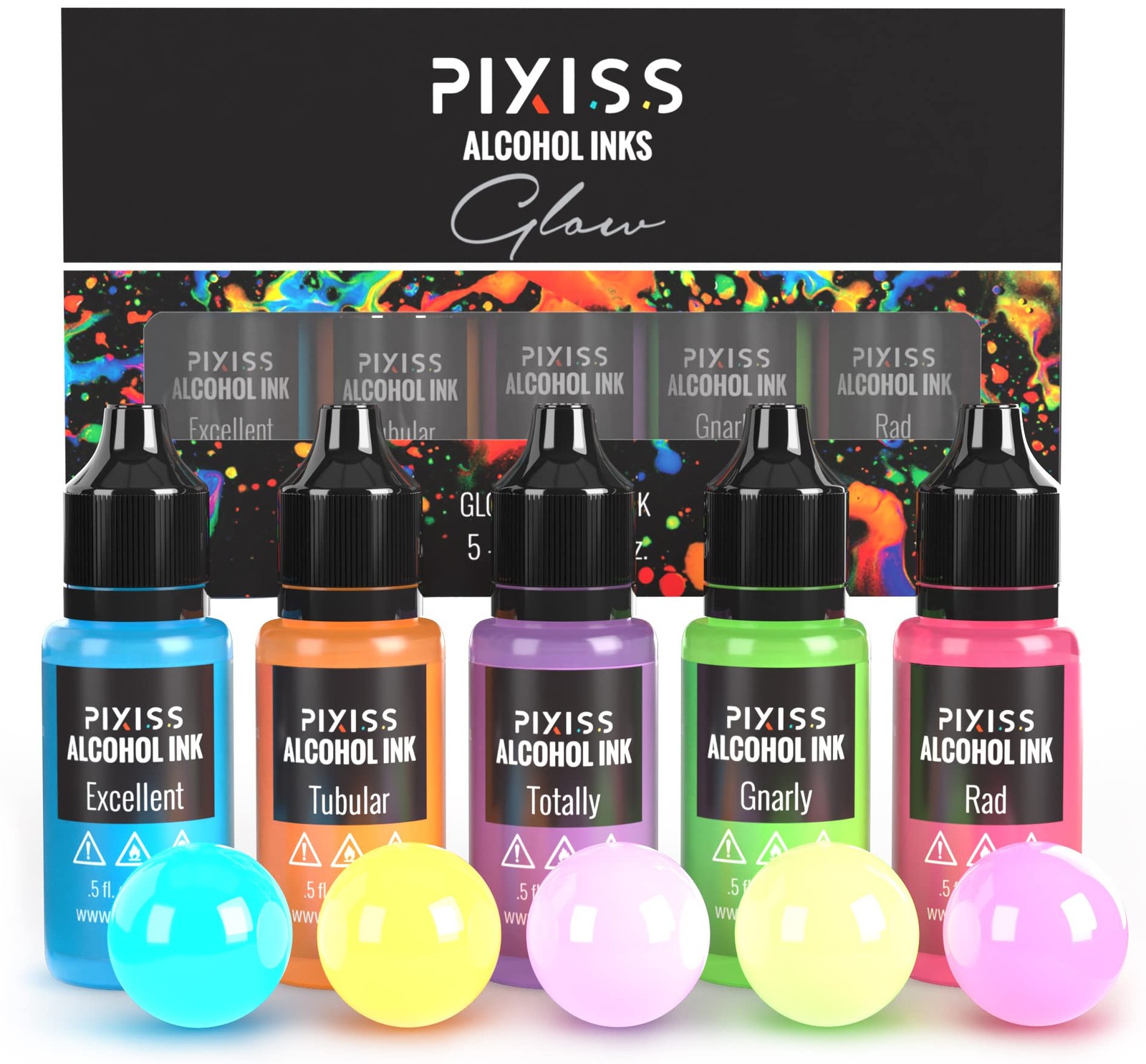 Pixiss Glow in The Dark Alcohol Ink Set – 5 Shades of Brilliantly 0.5 fl oz