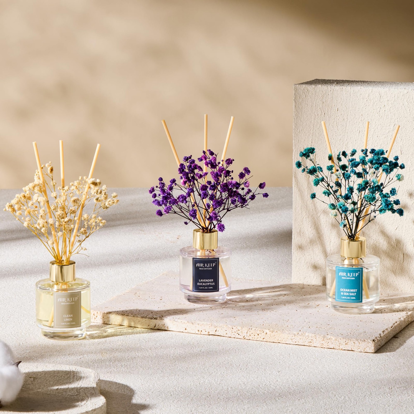 Airkeep Reed Diffuser Set of 3,Clean Linen Ocean 1.69 Ounce*3 pack, Green