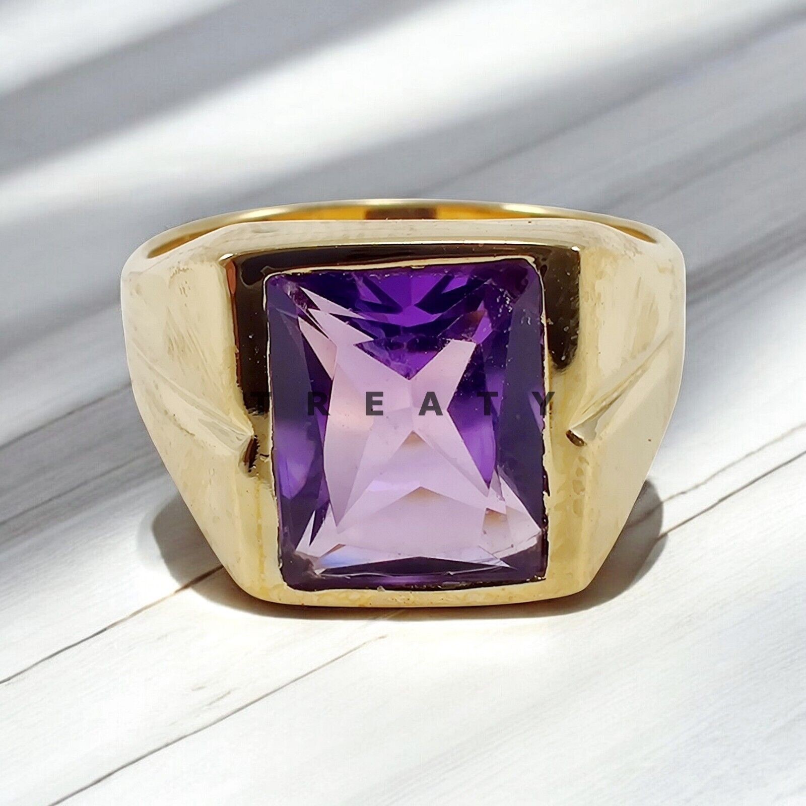 Amethyst Emerald Cut Gemstone With 14k Yellow Gold Ring For Men’s #418