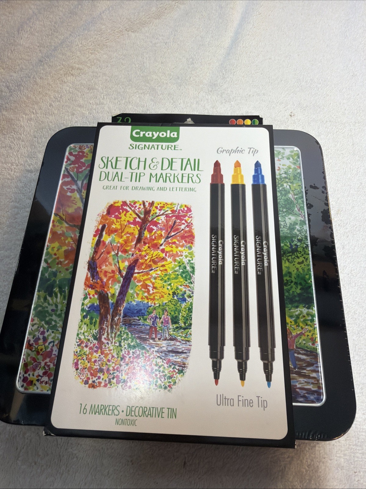Crayola Signature Sketch & Detail 16 Dual Tip Markers Graphic & Fine Tip In Tin