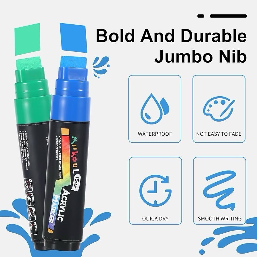 (2 Box 8 Pcs) 4 Jumbo Markers – Red, Yellow, Green, Blue – for Rock, Wood, Glass