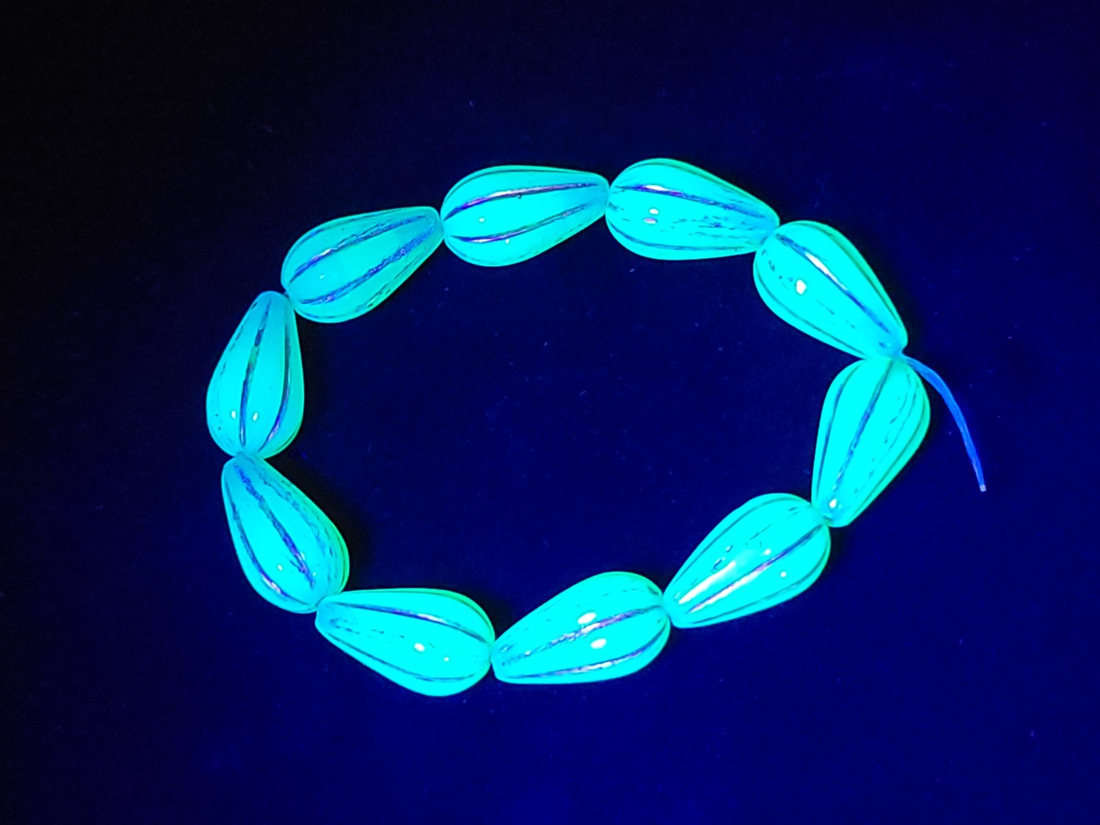 Melon Drop Uranium Glass Beads 13x8mm Czech Blue Opal Silver Wash 10pc Strand