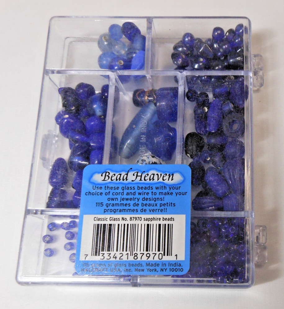 Vintage Amber/Blue Glass Beads 6.7 oz in Tray, Preowned