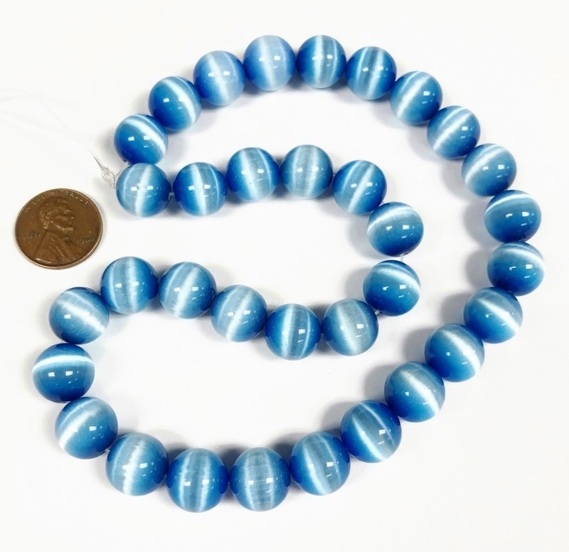 30 Cat’s Eye Fiber Optic Glass Cobalt Blue 12mm. Smooth Round Beads 2617