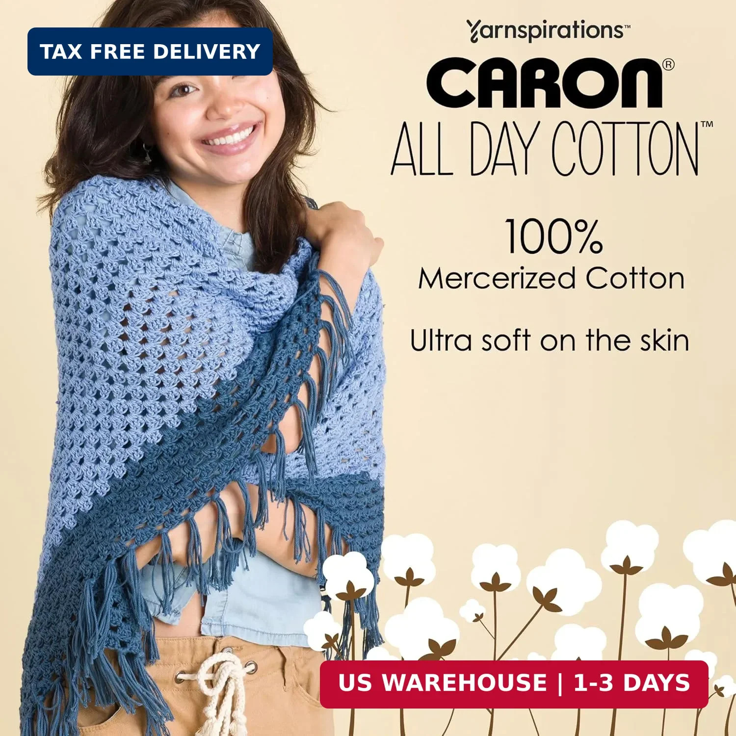 Caron All Day Cotton – 3 Pack of 173 Yards/3.52 oz Eyes Blue 100% Mercerized Cot