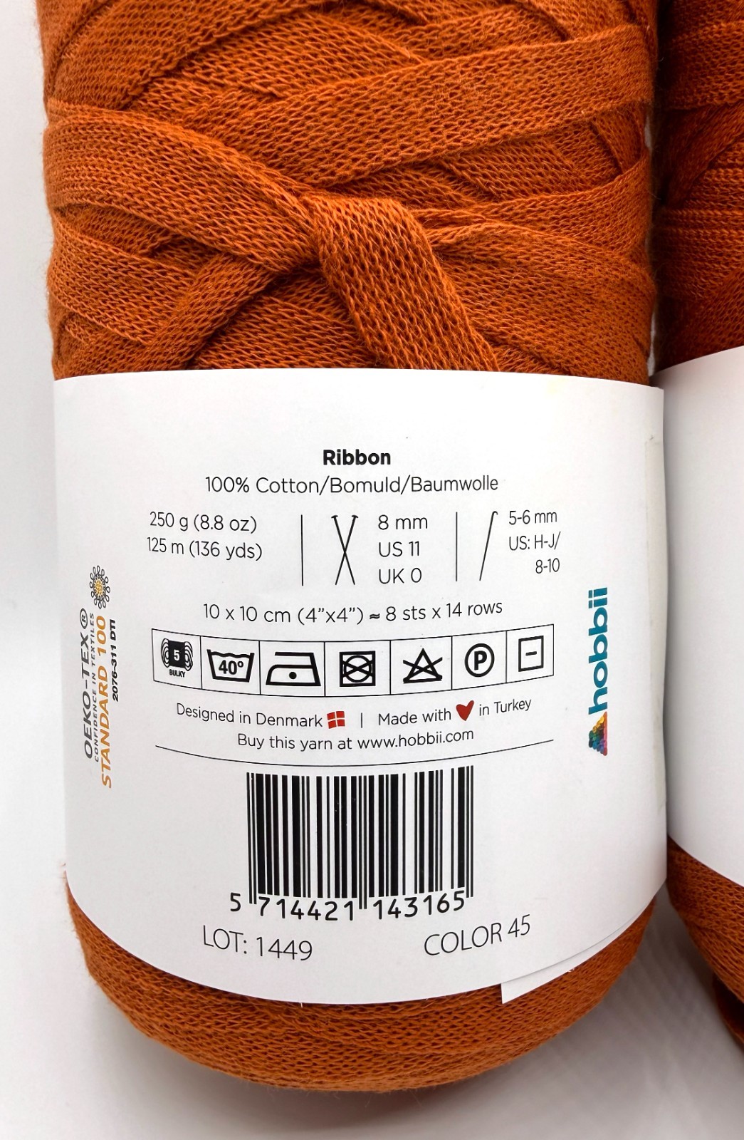 Hobbi Ribbon Yarn 2-Pk – Bulky Color 45 Rust – 100% Cotton – 500g / 272 Yd Total