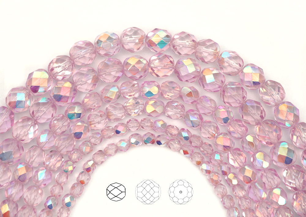 Czech Glass Fire Polished Round Faceted Beads in Crystal Pink Shimmer AB coated