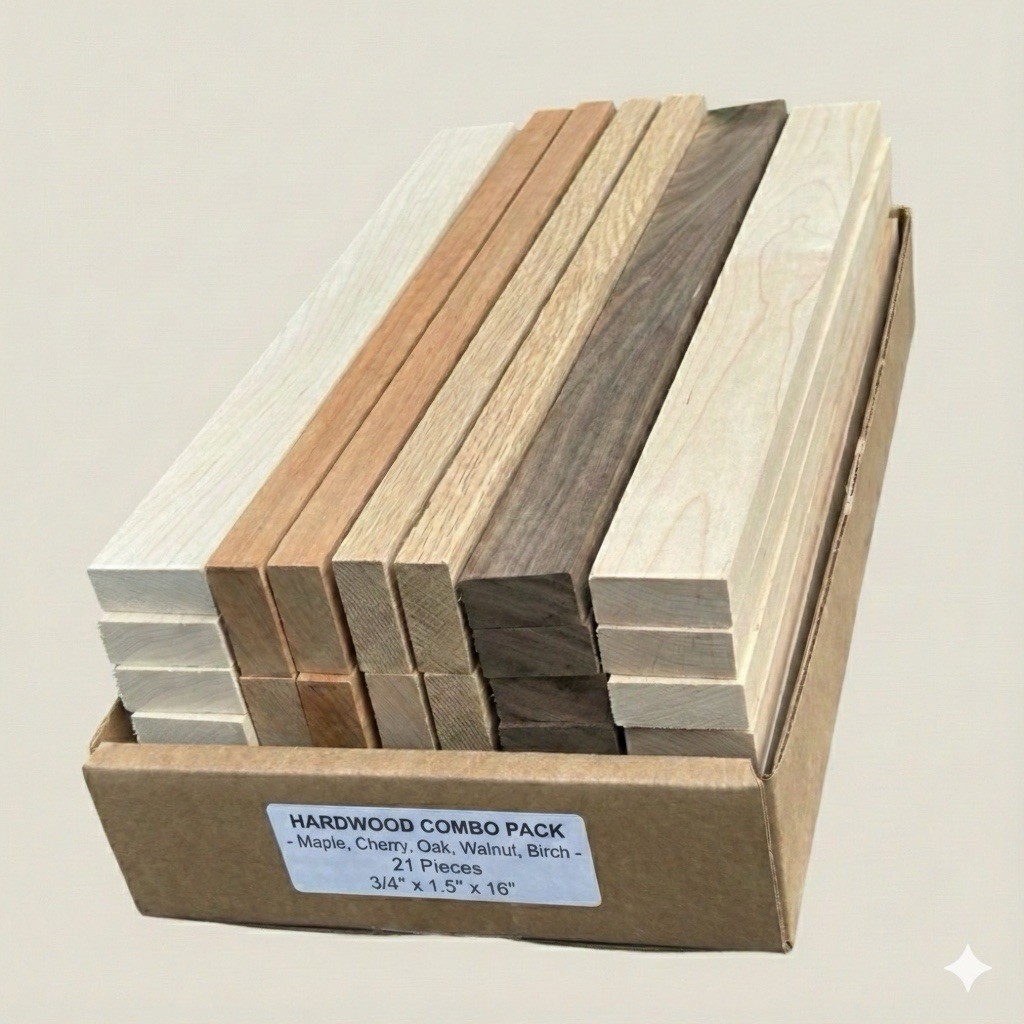 Variety Hardwood Lumber Pack – Walnut, Maple, Cherry, Oak, Birch (21 Pieces)