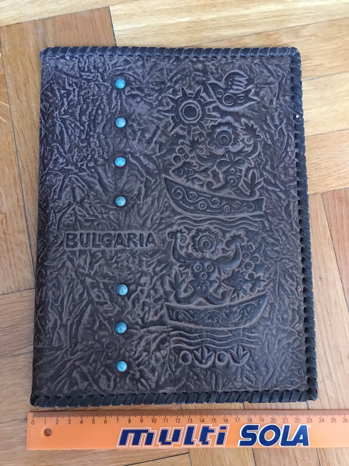 1940’s Vintage “Bulgaria” tooled leather folder/ portfolio Pottery stone