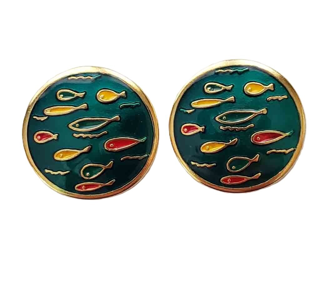 Two NEW Colorful Fish Pattern Blazer Buttons Unisex Brass Enamel
