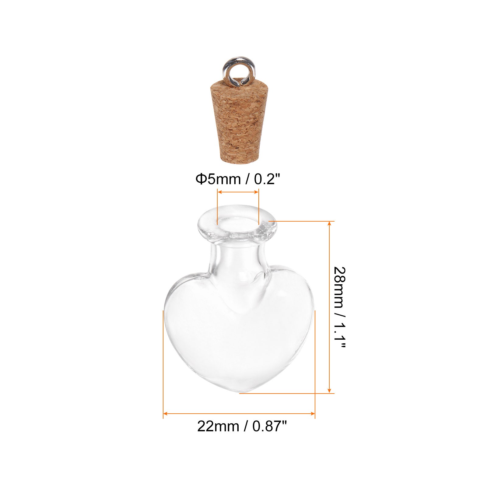 20pcs Mini Glass Bottles with Cork Peach Heart Shape with Ring