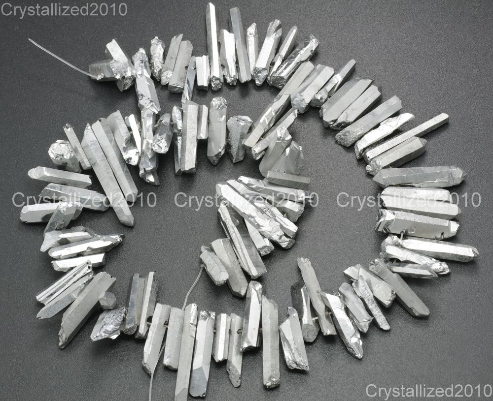 Metallic Titanium Coated Natural Quartz Crystal Stick Spike Pointed Beads 16”