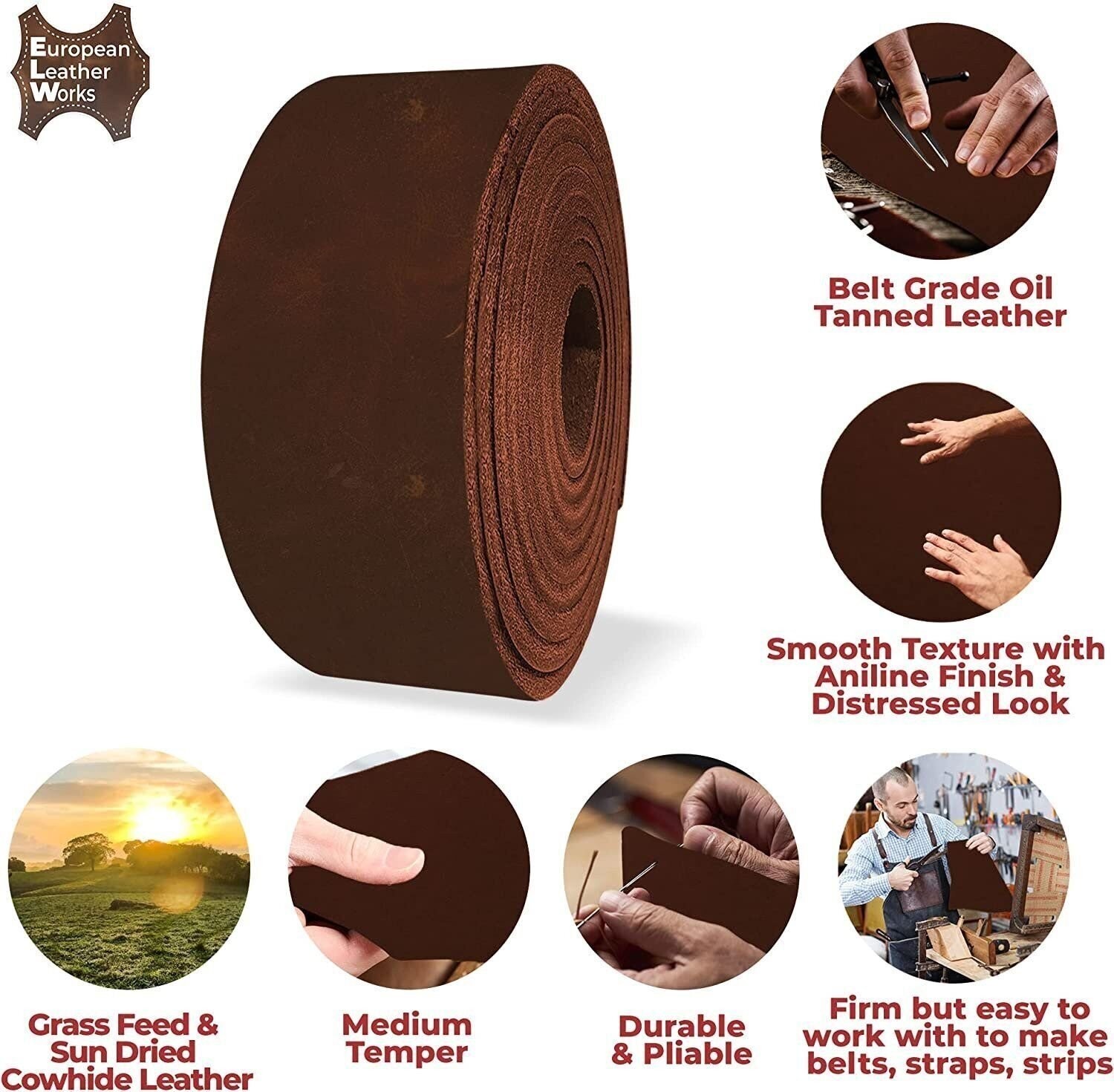 ELW 8-10 oz. (3-4mm) Straps Belts Strips Full Grain Leather Grass Fed Cowhide