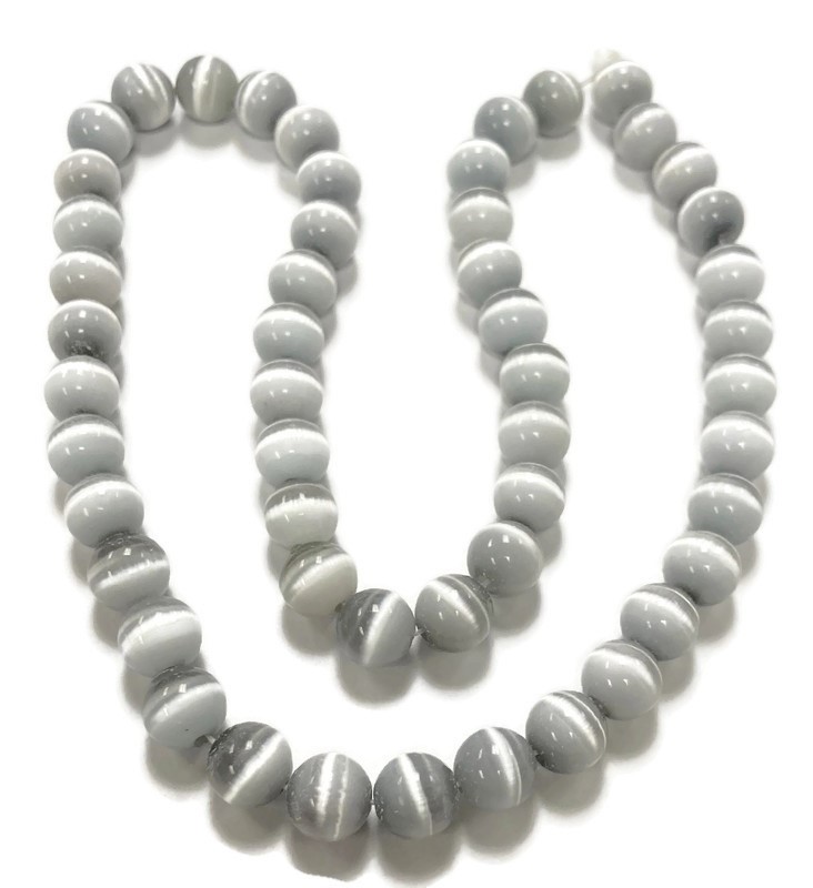 50 Cat’s Eye Fiber Optic Glass Gray 8mm. Smooth Round Beads 2570