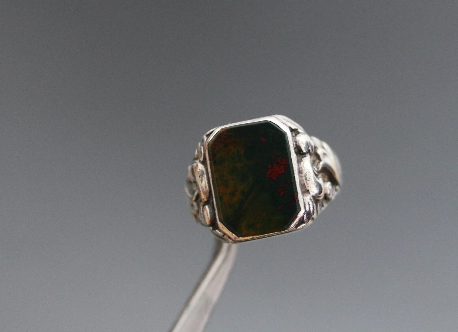 Art Deco Mens Signet Ring. Bloodstone 925 Silver,Antique Fob Ring. Gentlemen’s,