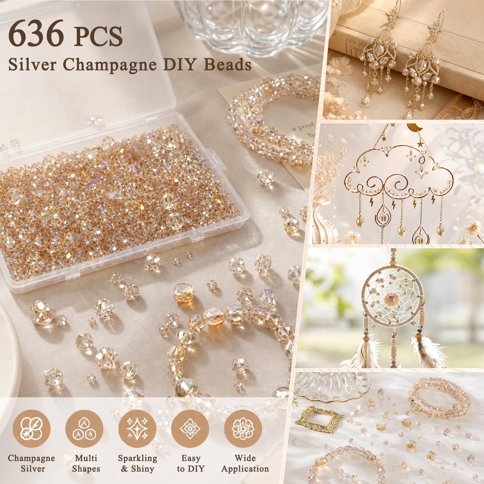 636pcs Assorted Crystal Glass Beads for Jewelry 636pcs, Silver Champagne
