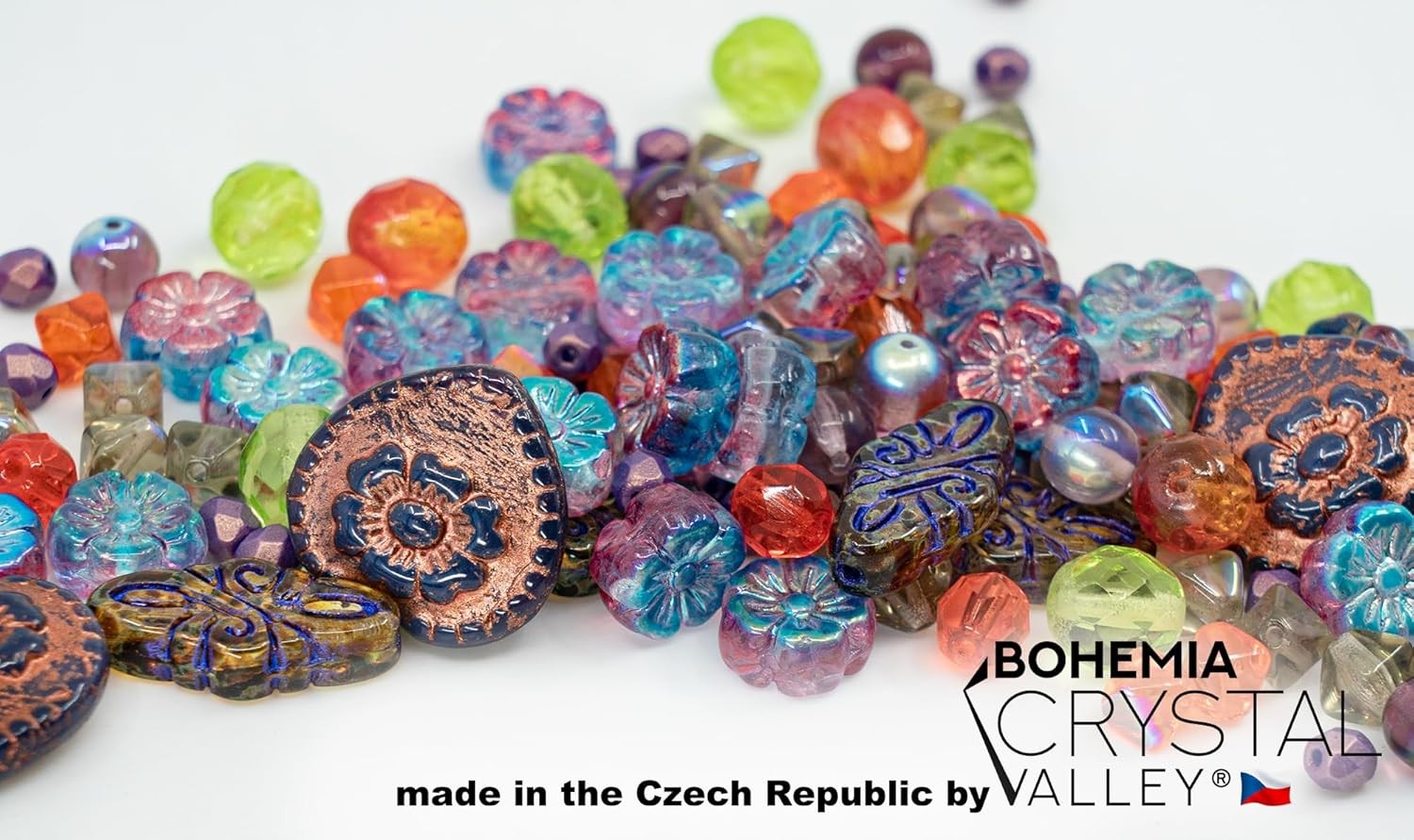 2.1oz (60 g) Mix of Unique Czech Bohemia Glass Pressed Beads, Crazy Purple Green