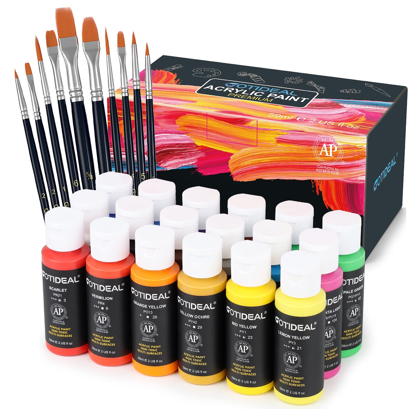 GOTIDEAL Acrylic Paint Set with 10 Brushes, 2 Fl Oz (Pack of 18), 18 Colors