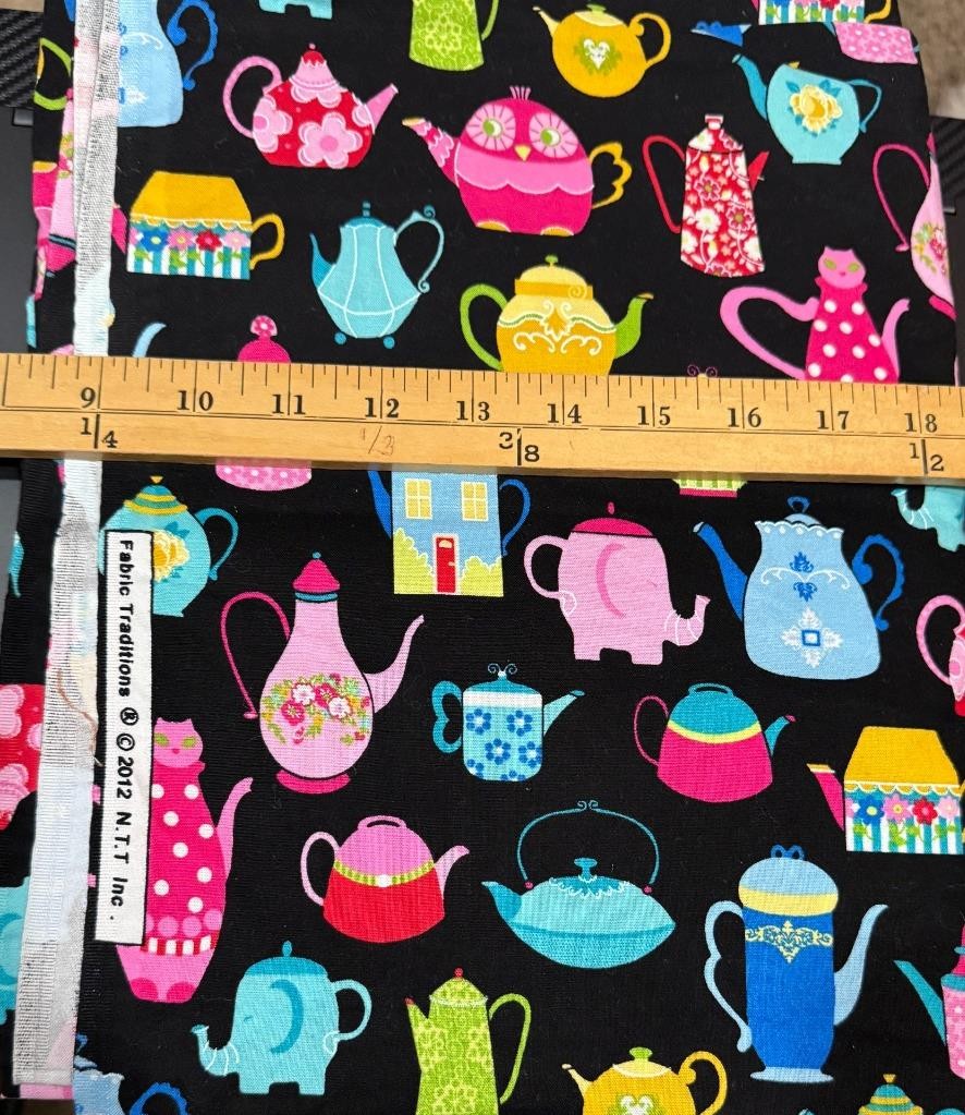 Fabric Traditions Colorful Tea Pots Black Cotton Quilting 2 3/8 yards 2012