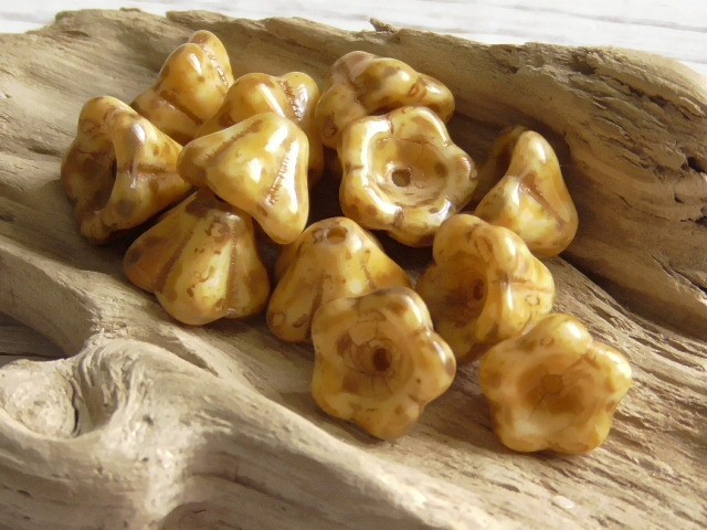 12 – 8x6mm CZECH OPAQUE ALABASTER ORANGE PEBBLE PICASSO 5 PETAL BELL FLOWER BEAD