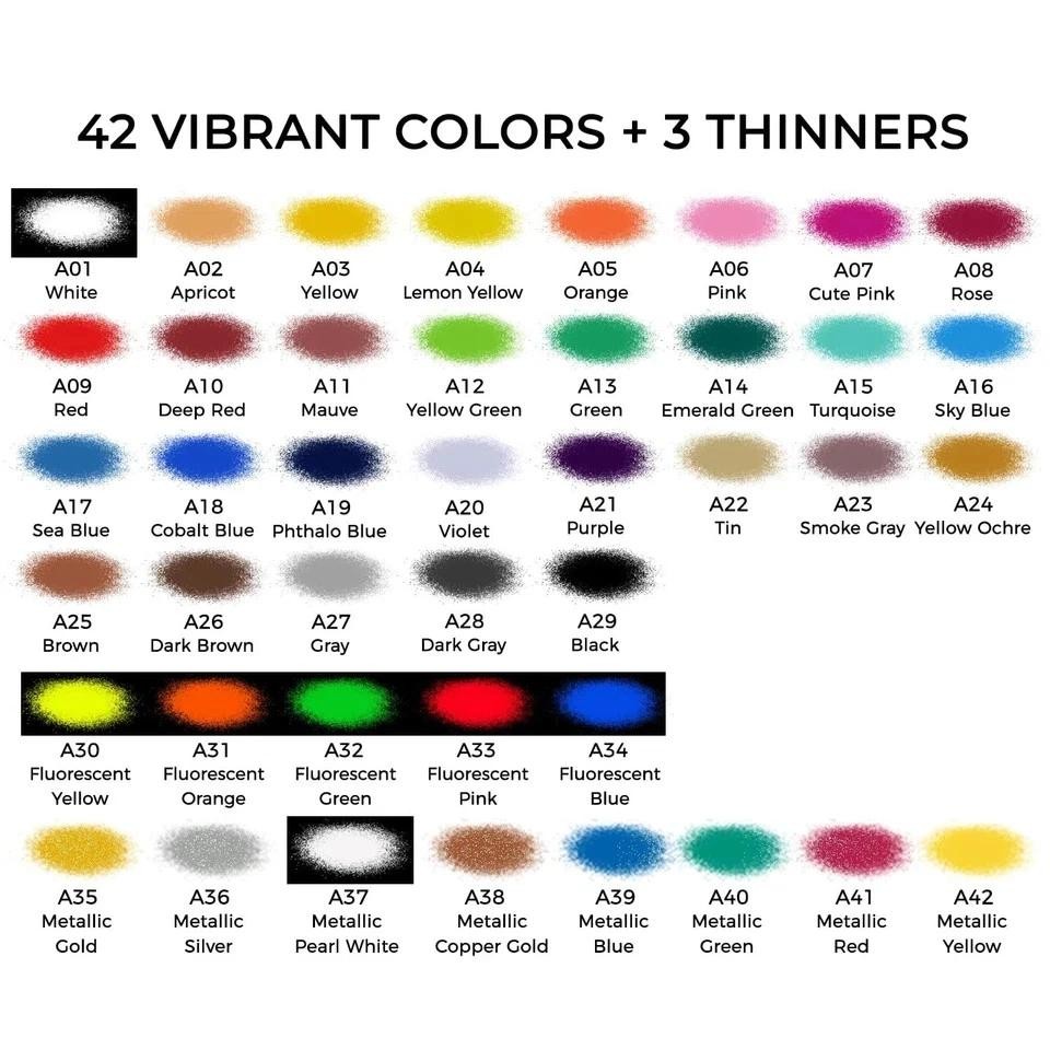 42 Color Acrylic Airbrush Paint Set with Thinners – Opaque, Metallic, Neon