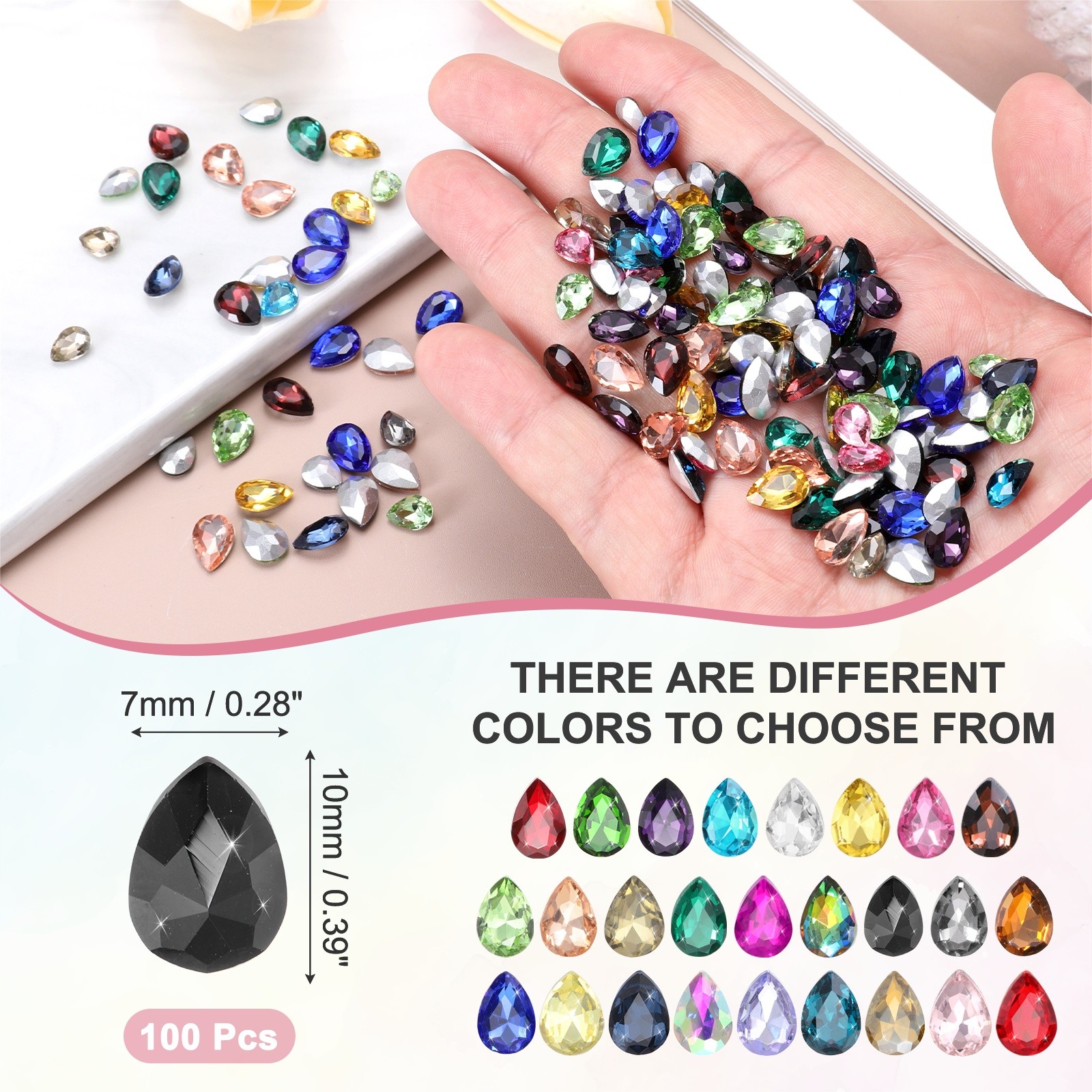 100Pcs 7x10mm Black Crystal AB Point Back Glass Rhinestones Teardrop Gems