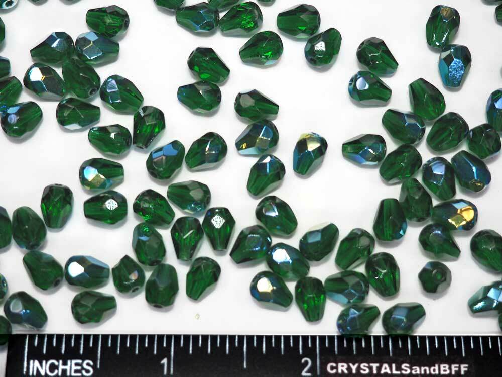 50 Czech Glass Pear Shaped FP Beads 8x6mm Medium Emerald AB, green Drops, P390