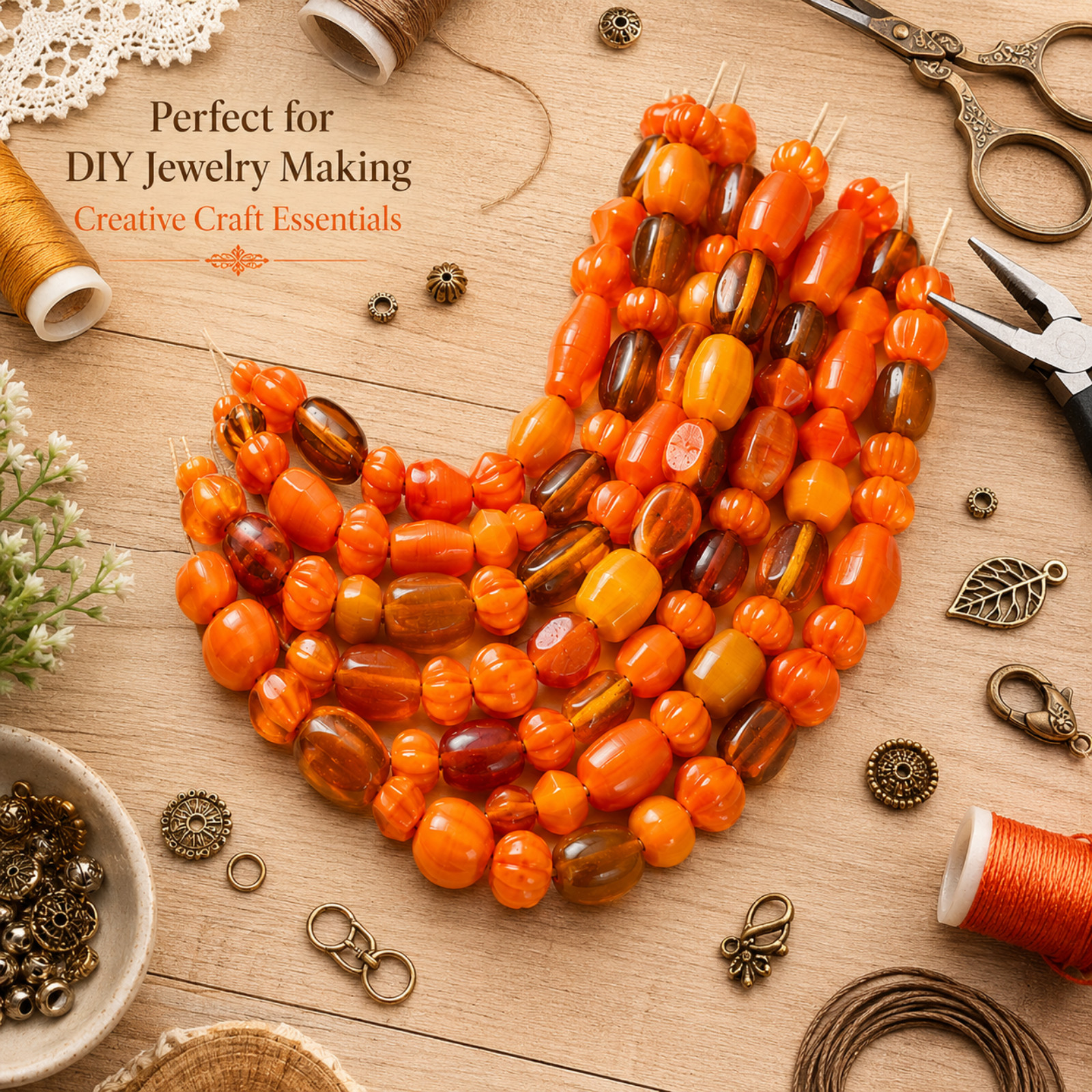 100 Lamp Work Glass Beads, Mixed Style & Sizes in Orange Color combination.
