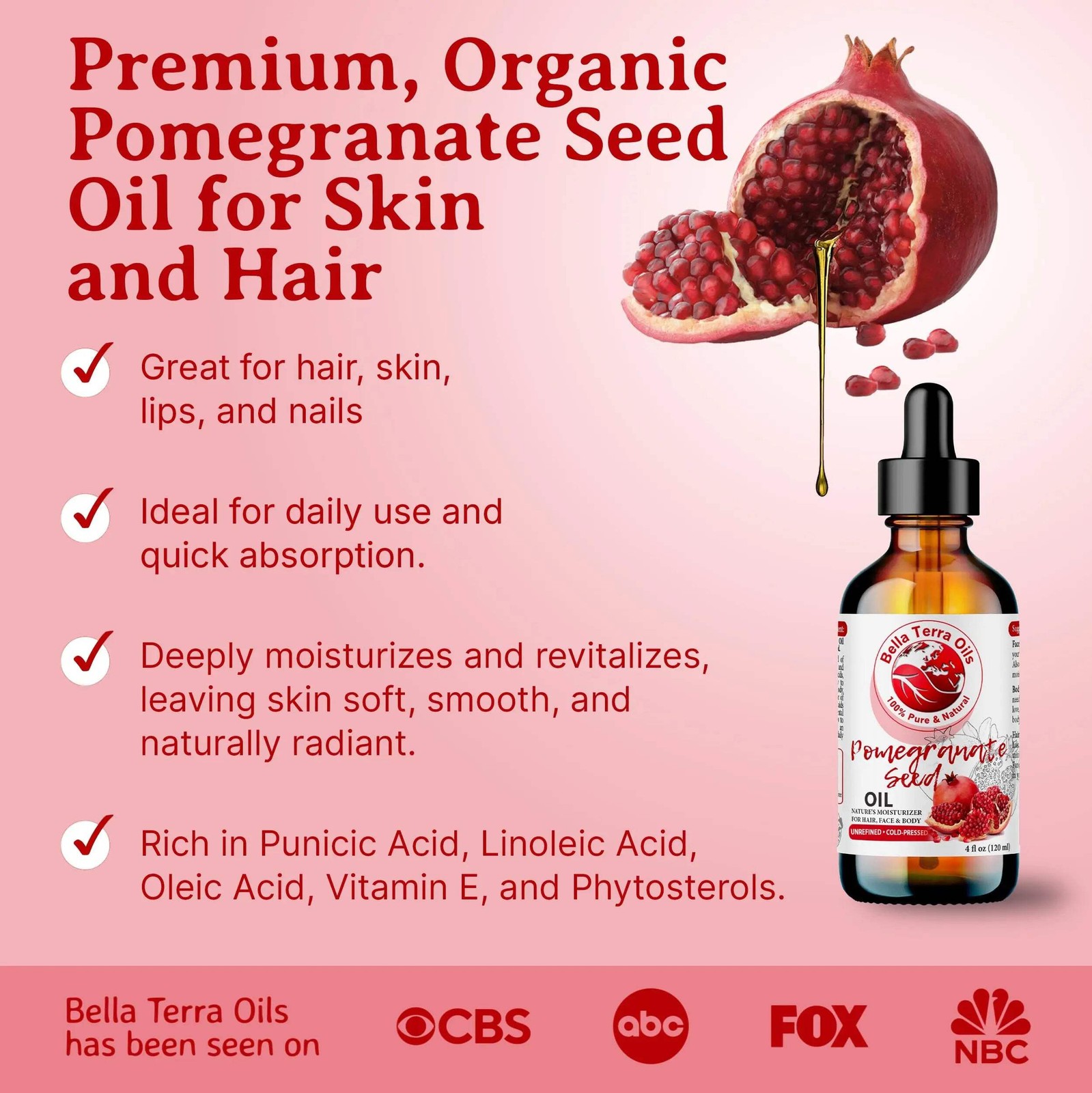 Organic Cold-Pressed Pomegranate Seed Oil 100% Raw Pure Anti-Aging Skin Hair