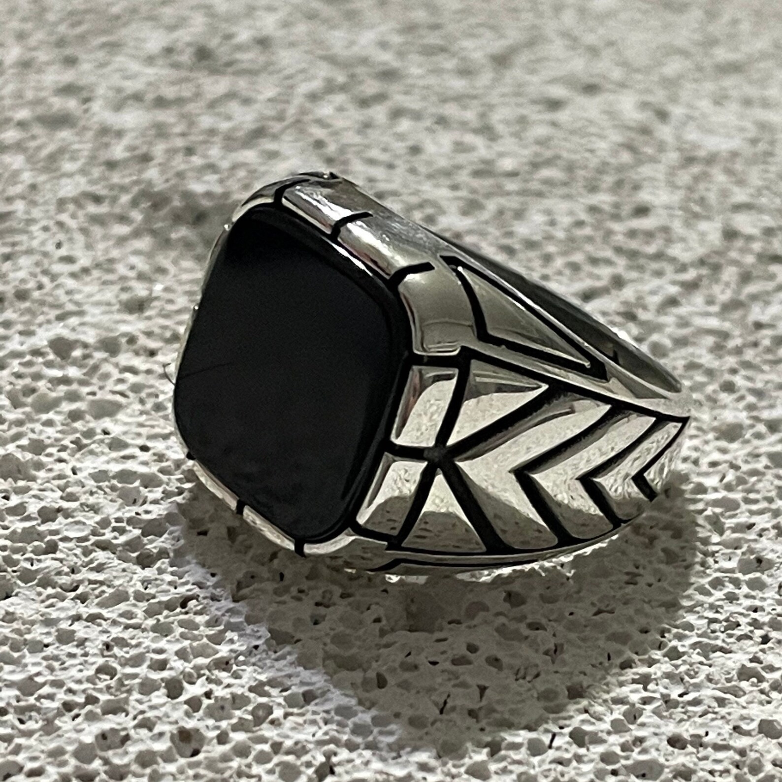 Cushion Black Onyx Men’s Ring, Chevron Arrow Design, Vintage Punk Gothic Stateme