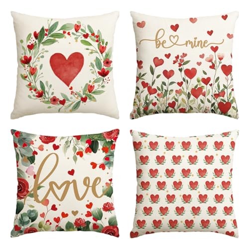 Valentine’s Day Love Heart Throw Pillow Covers, 18 x 18 18″ x 18″ (Pack of 4)