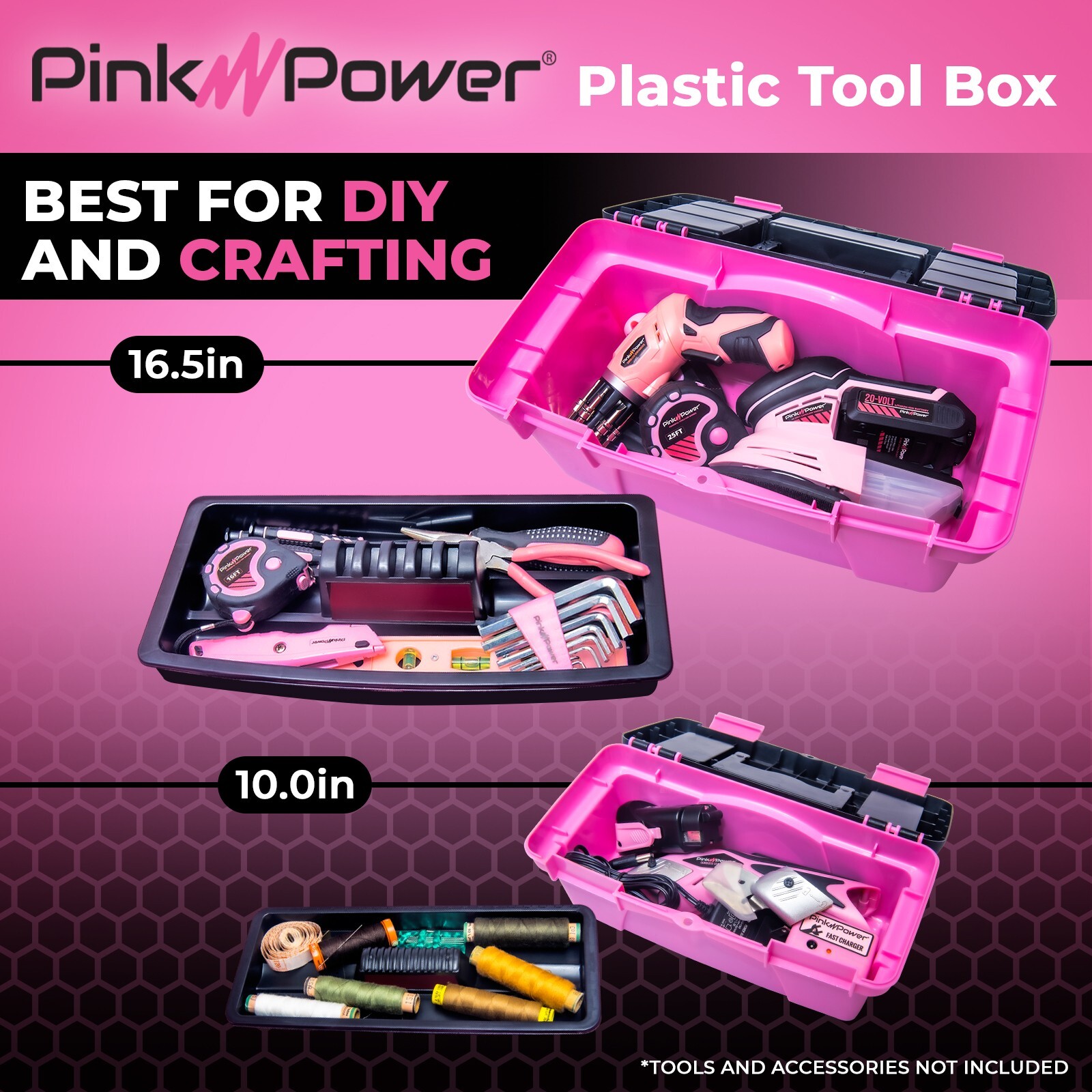 Pink Power Pink Plastic Tool Box for Women – 16″ & 10″ Portable