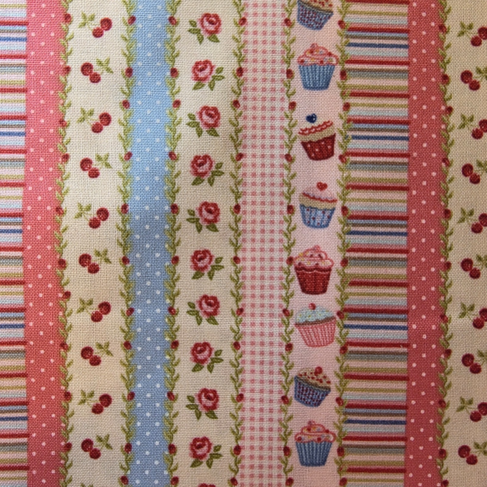 Tea Time Stripe 100% Cotton Fabric Cupcakes Cherries RosesMakower Rare