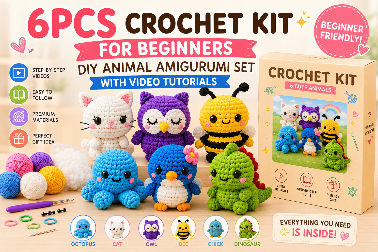 6PCS Crochet Kit for Beginners Animal Amigurumi DIY Craft Set w/ Videos
