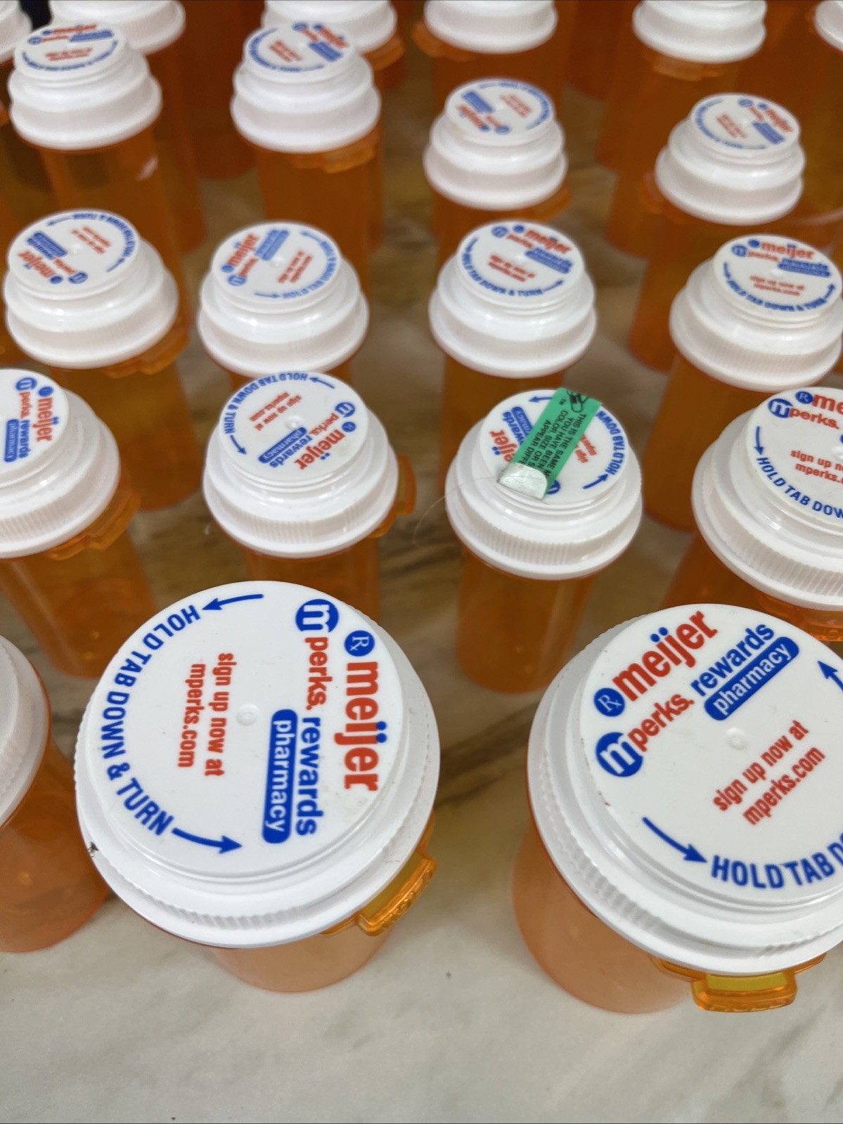 Lot Of 61 Empty medicine Bottles All amber Minus 2 Blue, Various Sizes