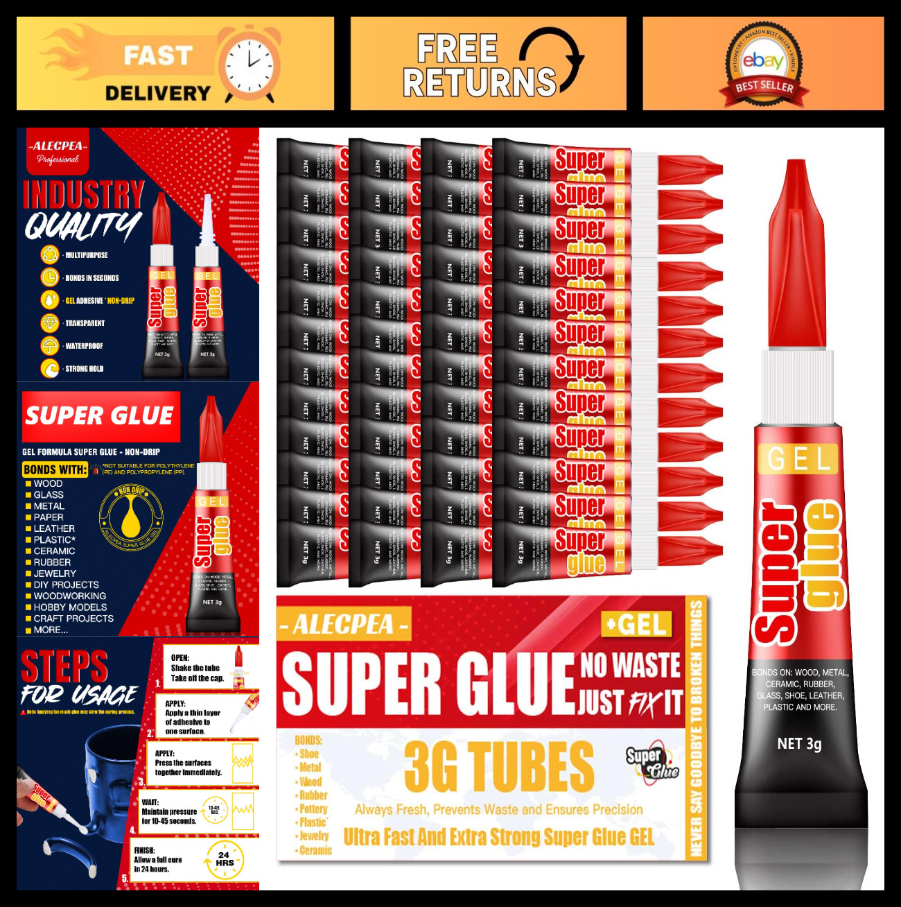 48-Pack Super Glue Gel – Fast Drying, Thick Adhesive for Plastics, Crafts, Metal