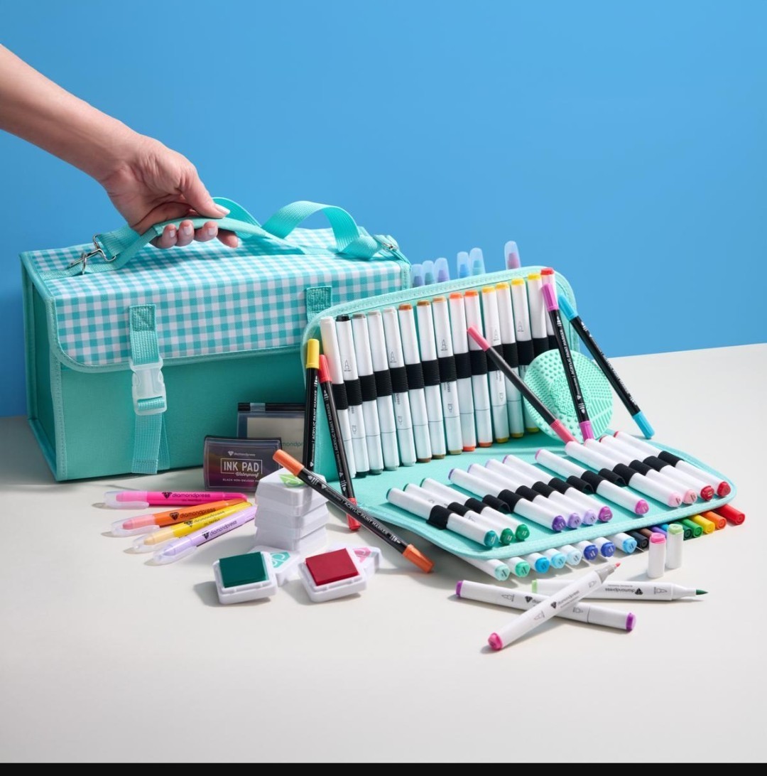 Diamond Press Mega Marker and Ink Kit with Gingham blue Storage Bag NWT