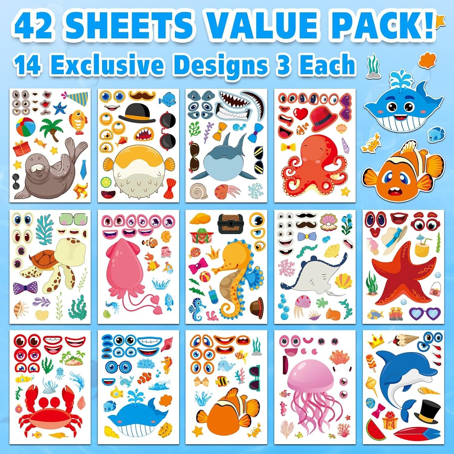 Vibrant 42 Pcs Ocean Animals Stickers – Mix & Match for Endless Creativity!