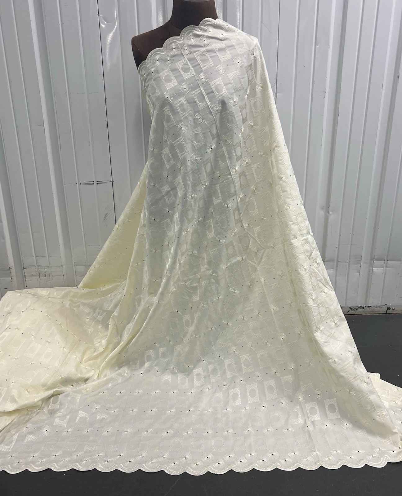 5 Yard Ivory Cotton Embroidery Rhinestones fabric 50” Width