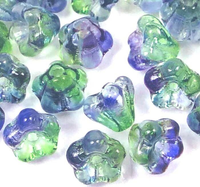 25 Czech Glass Baby Bell Flower Beads – Dual Coated – Blueberry/Green Tea 6x4mm
