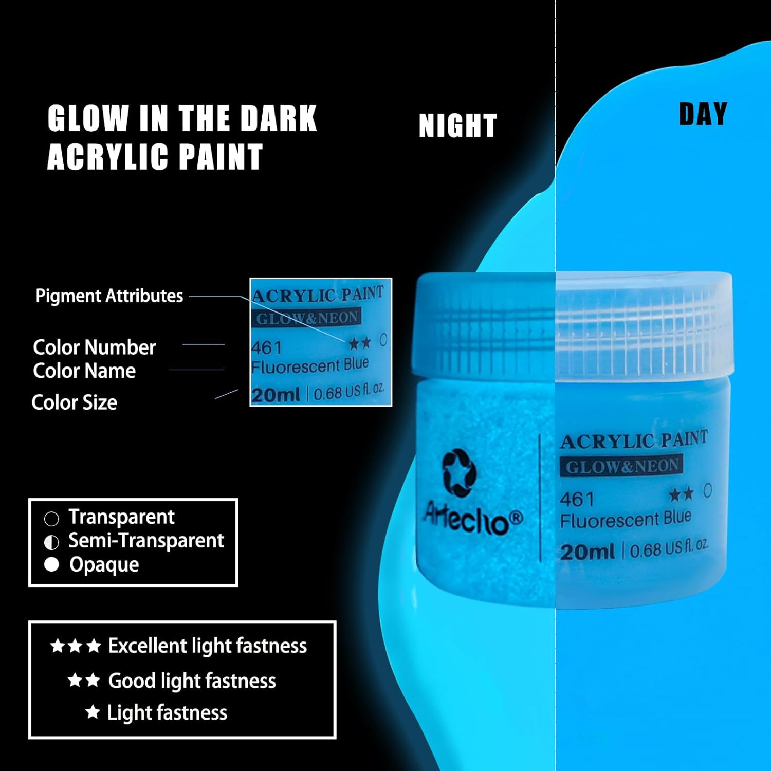 Artecho Glow in the Dark Acrylic Paint Set – 8 Colors X 20Ml (0.7Oz), Non-Toxic